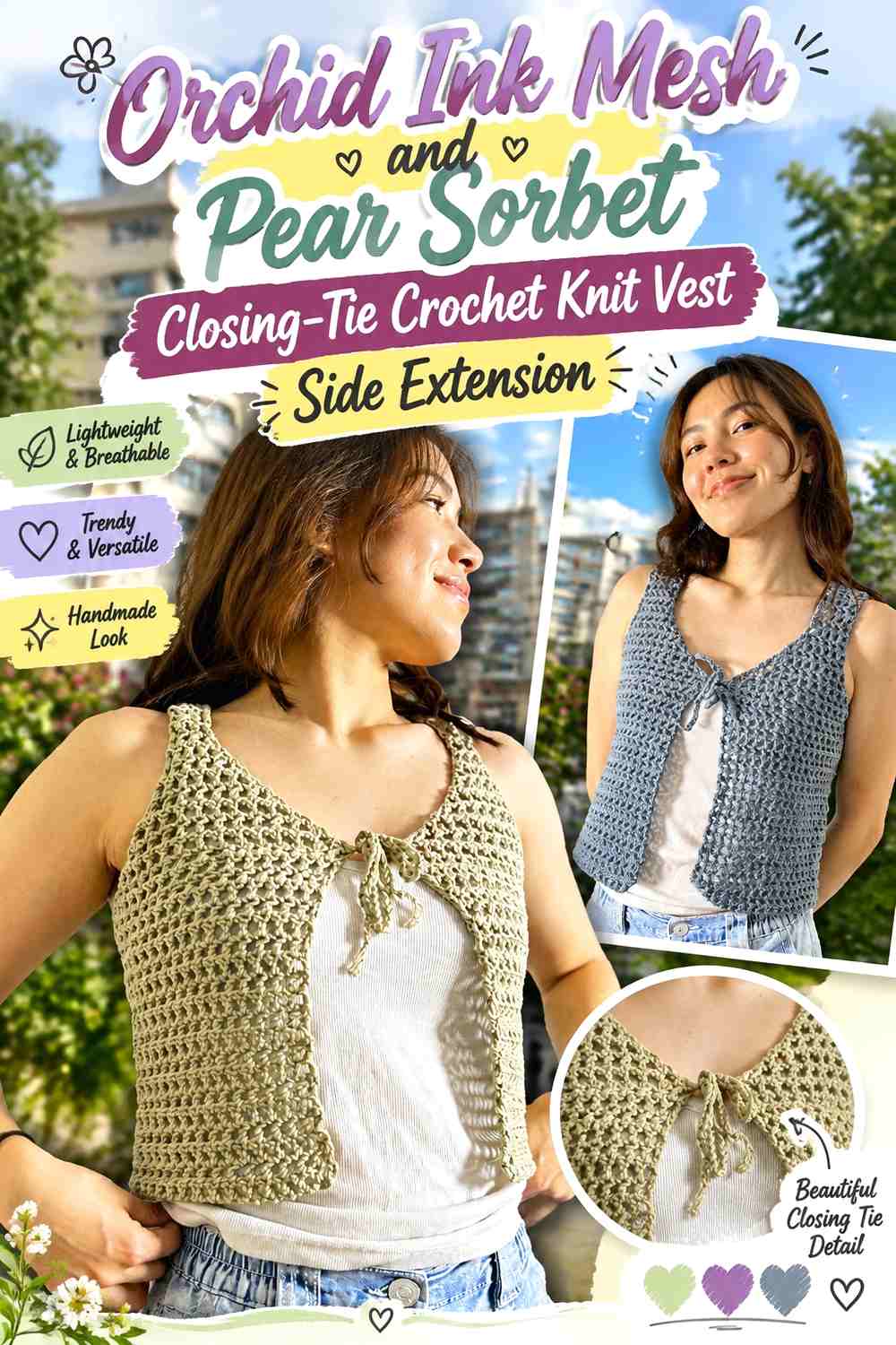 Orchid Ink Mesh and Pear Sorbet Closing-Tie Crochet Knit Vest Side Extension