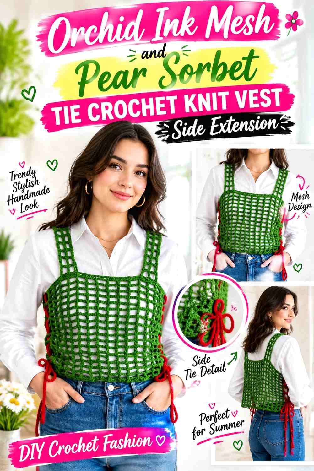 Orchid Ink Mesh and Pear Sorbet Tie Crochet Knit Vest Side Extension