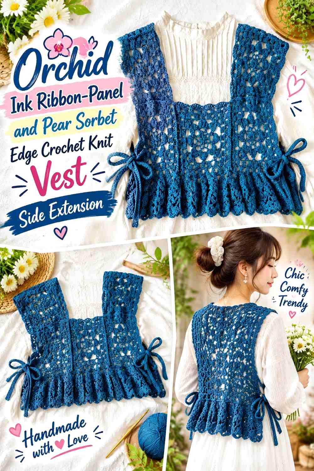 Orchid Ink Ribbon-Panel and Pear Sorbet Edge Crochet Knit Vest Side Extension