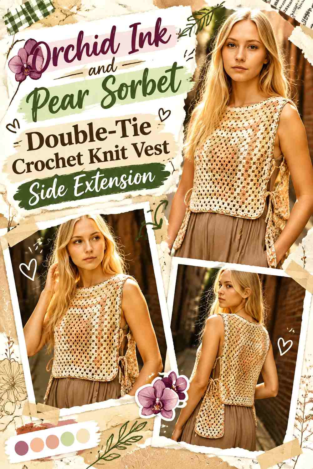 Orchid Ink and Pear Sorbet Double-Tie Crochet Knit Vest Side Extension