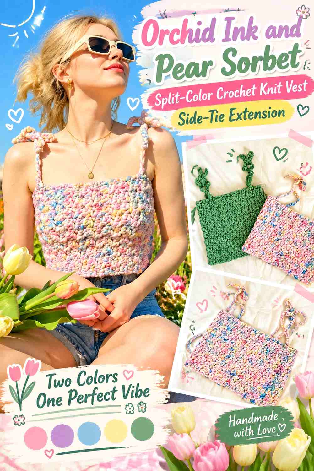 Orchid Ink and Pear Sorbet Split-Color Crochet Knit Vest Side-Tie Extension