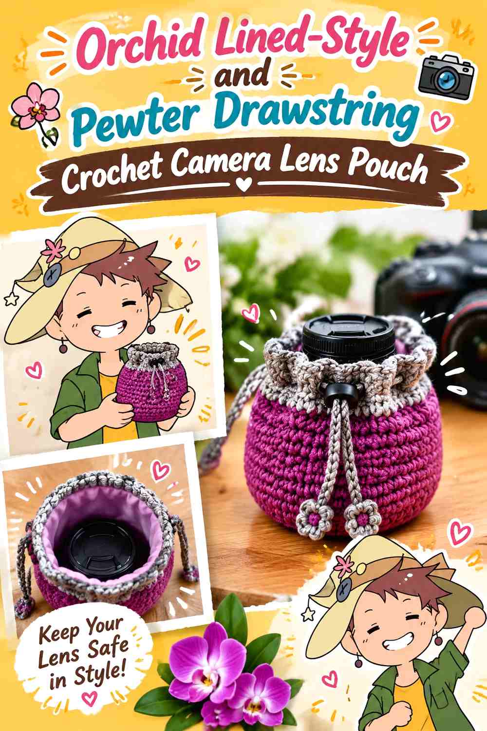 5. Orchid Lined Style And Pewter Drawstring Crochet Camera Lens Pouch