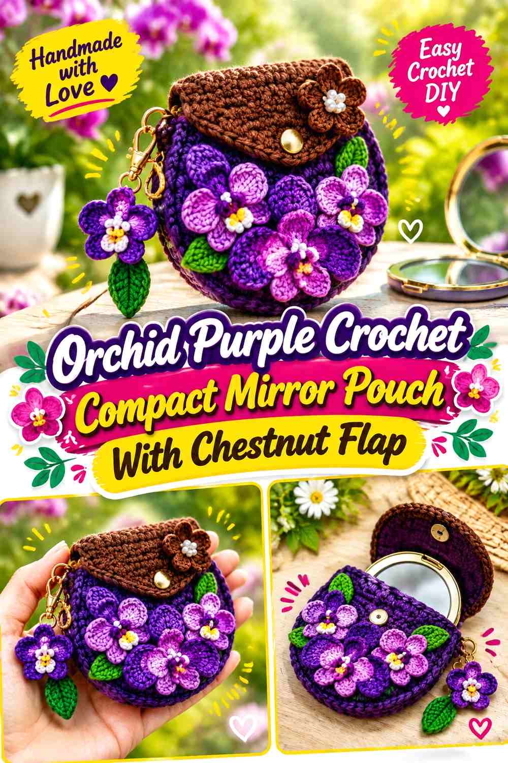 1. Orchid Purple Crochet Compact Mirror Pouch With Chestnut Flap