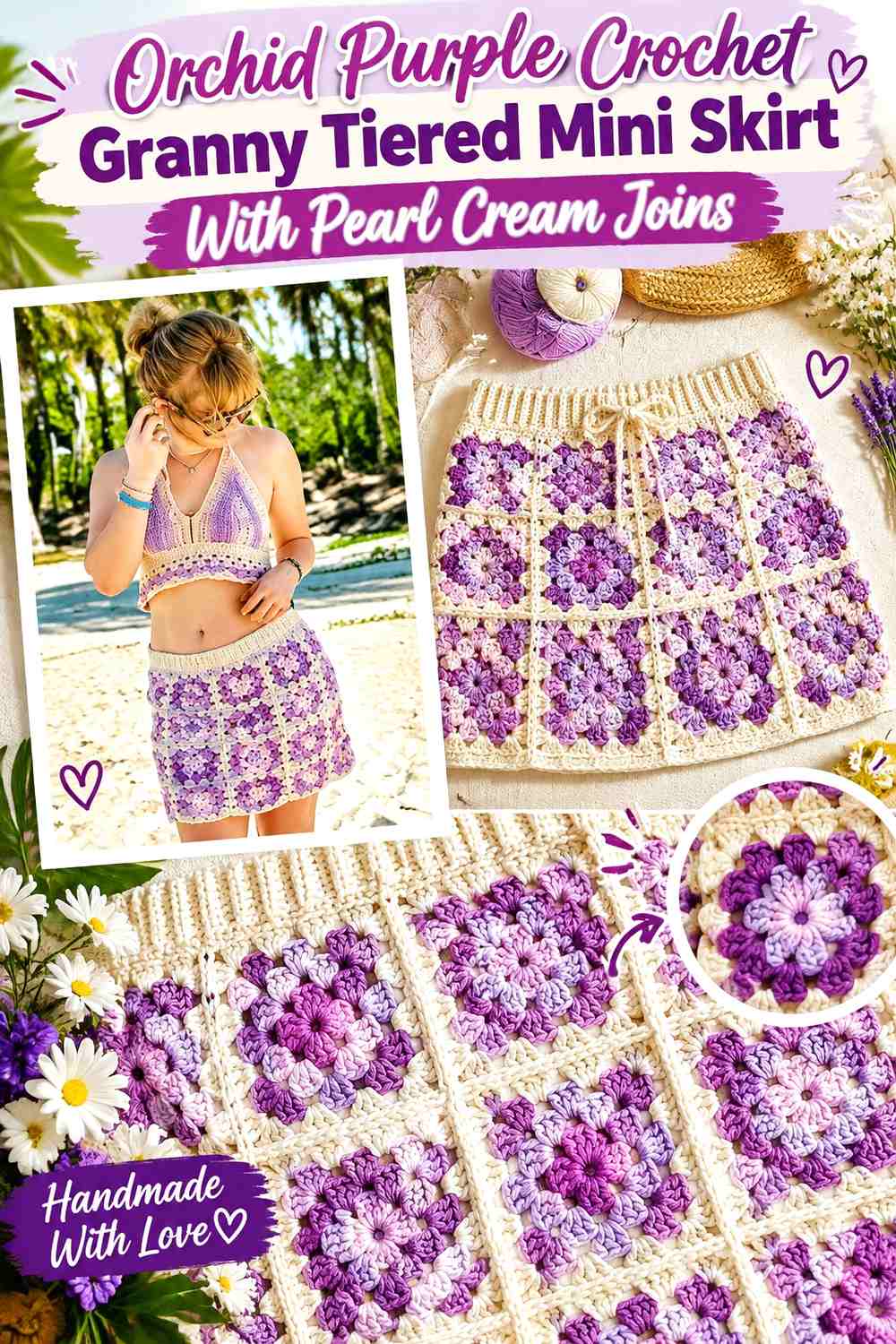 Orchid Purple Crochet Granny Tiered Mini Skirt With Pearl Cream Joins