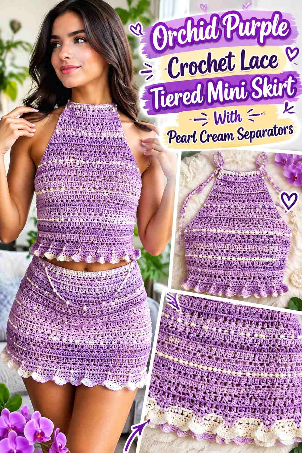 Orchid Purple Crochet Lace Tiered Mini Skirt With Pearl Cream Separators