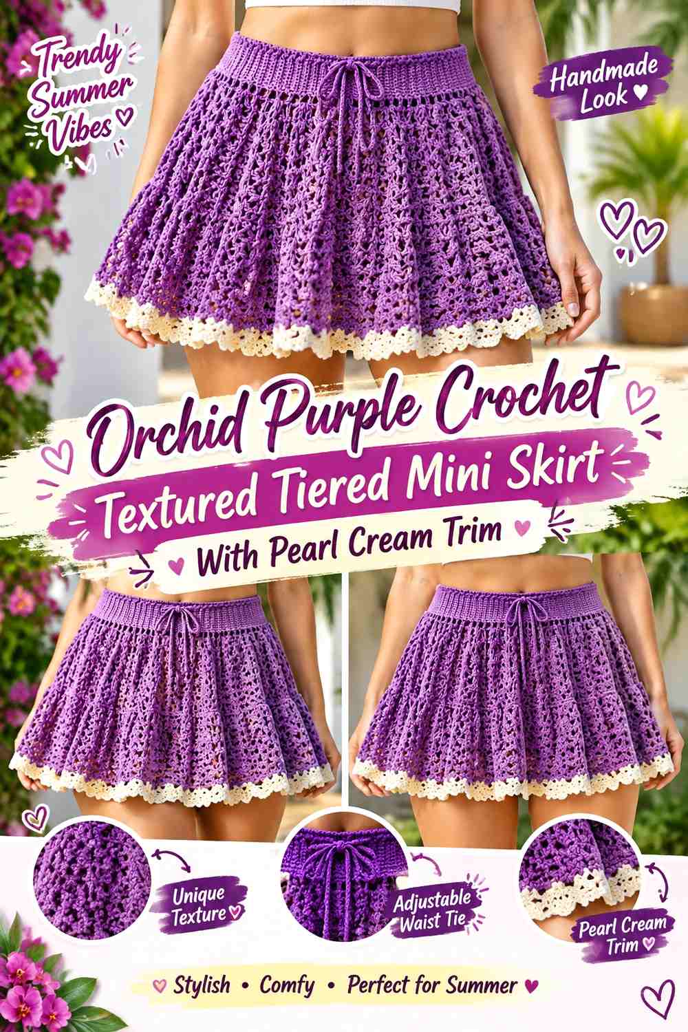 Orchid Purple Crochet Textured Tiered Mini Skirt With Pearl Cream Trim