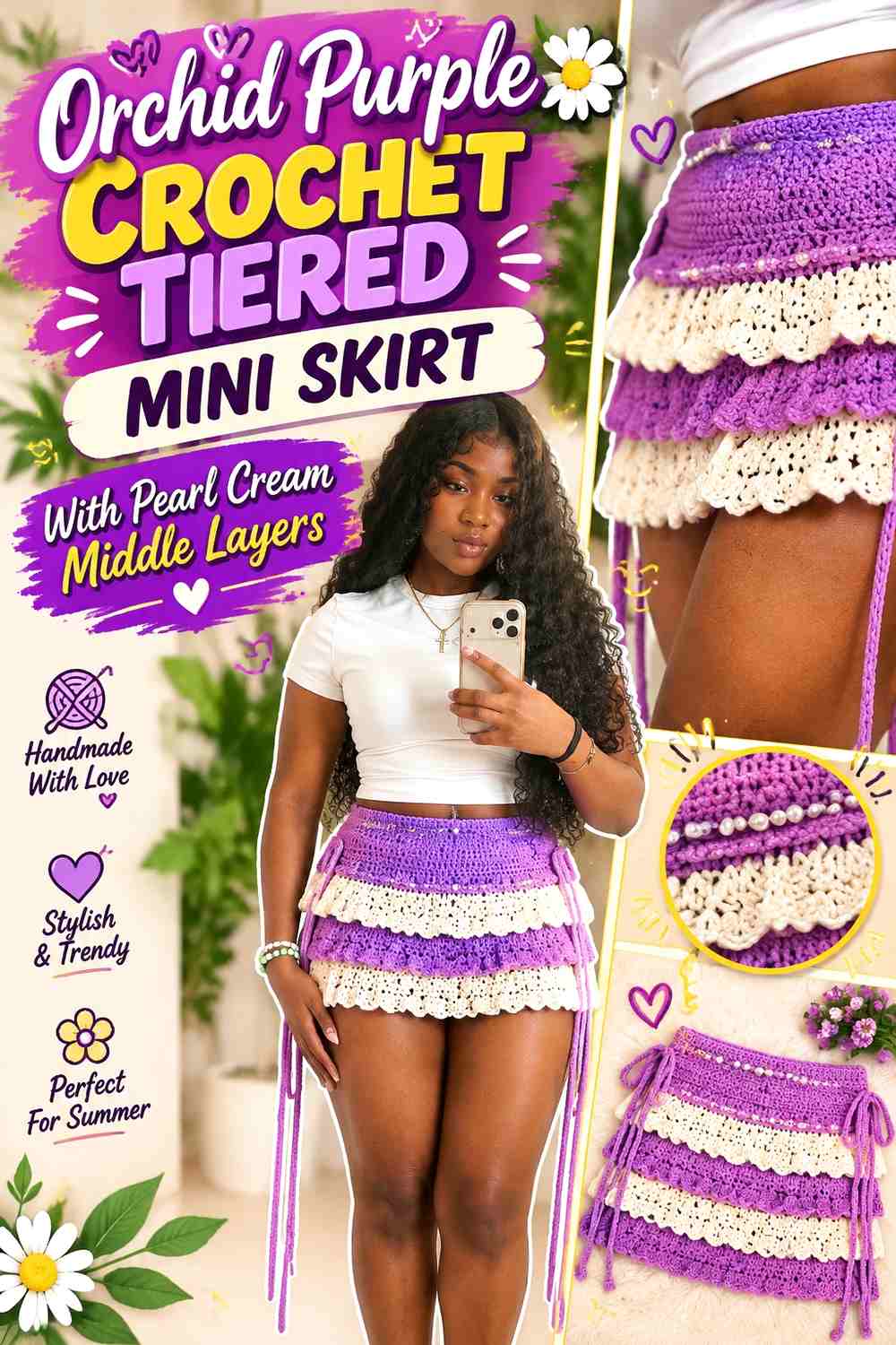 Orchid Purple Crochet Tiered Mini Skirt With Pearl Cream Middle Layers