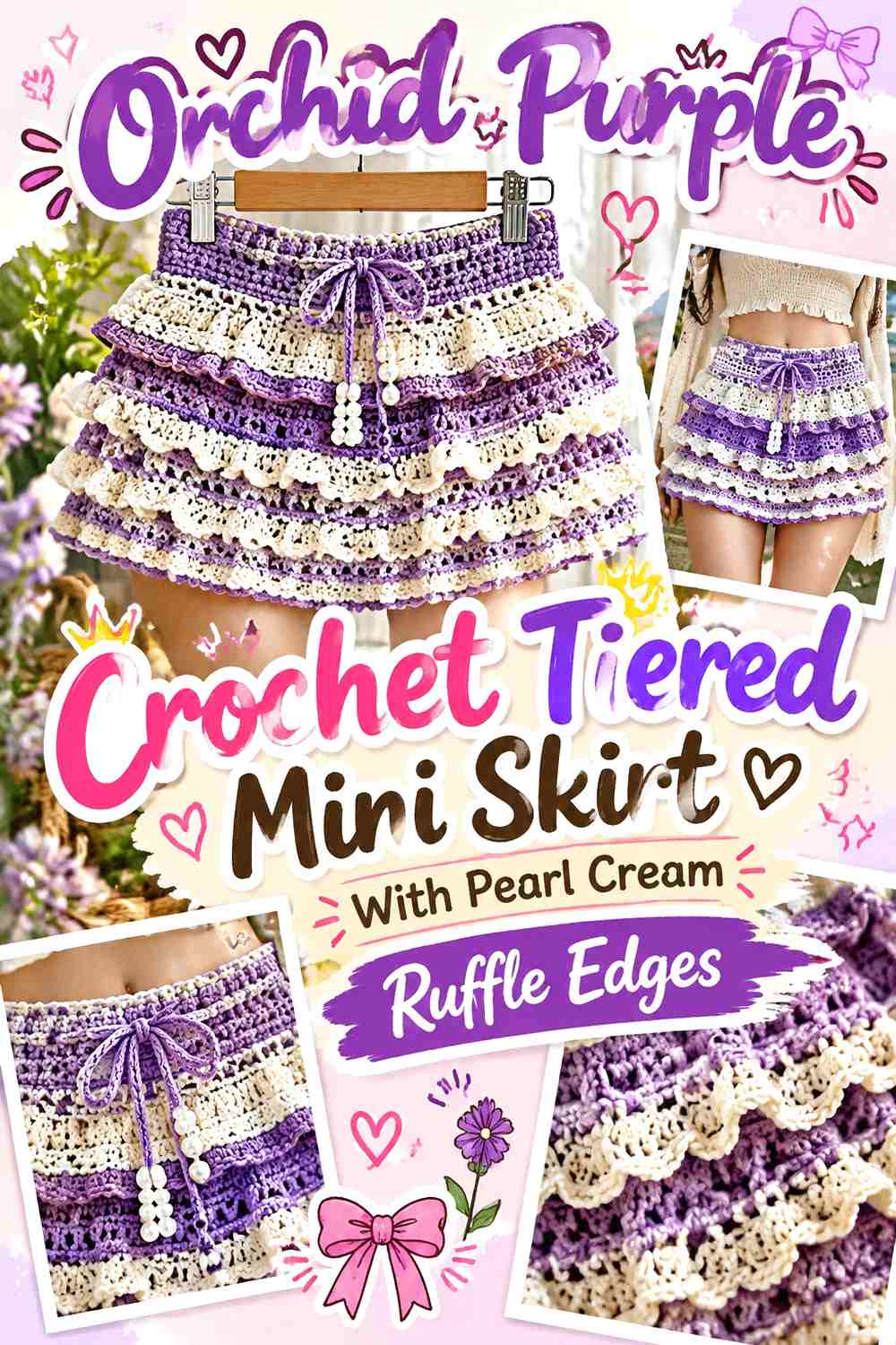 Orchid Purple Crochet Tiered Mini Skirt With Pearl Cream Ruffle Edges