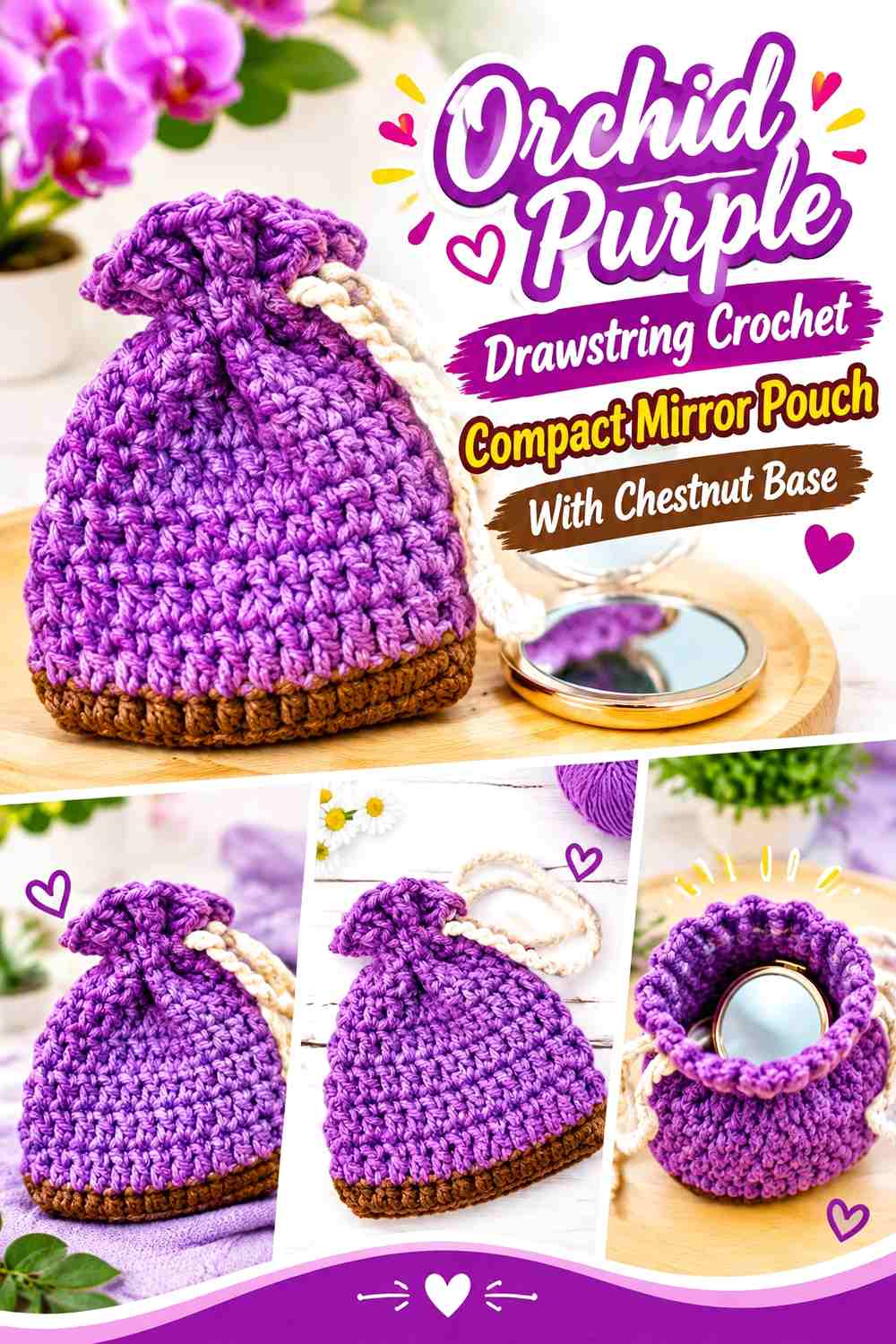 10. Orchid Purple Drawstring Crochet Compact Mirror Pouch With Chestnut Base