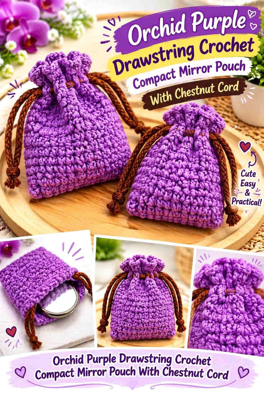 3. Orchid Purple Drawstring Crochet Compact Mirror Pouch With Chestnut Cord