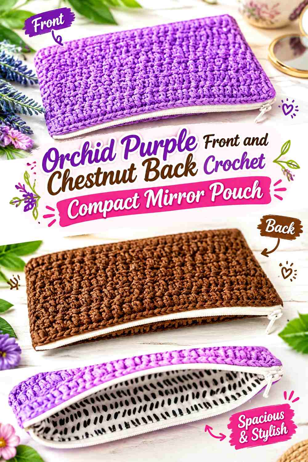 8. Orchid Purple Front And Chestnut Back Crochet Compact Mirror Pouch