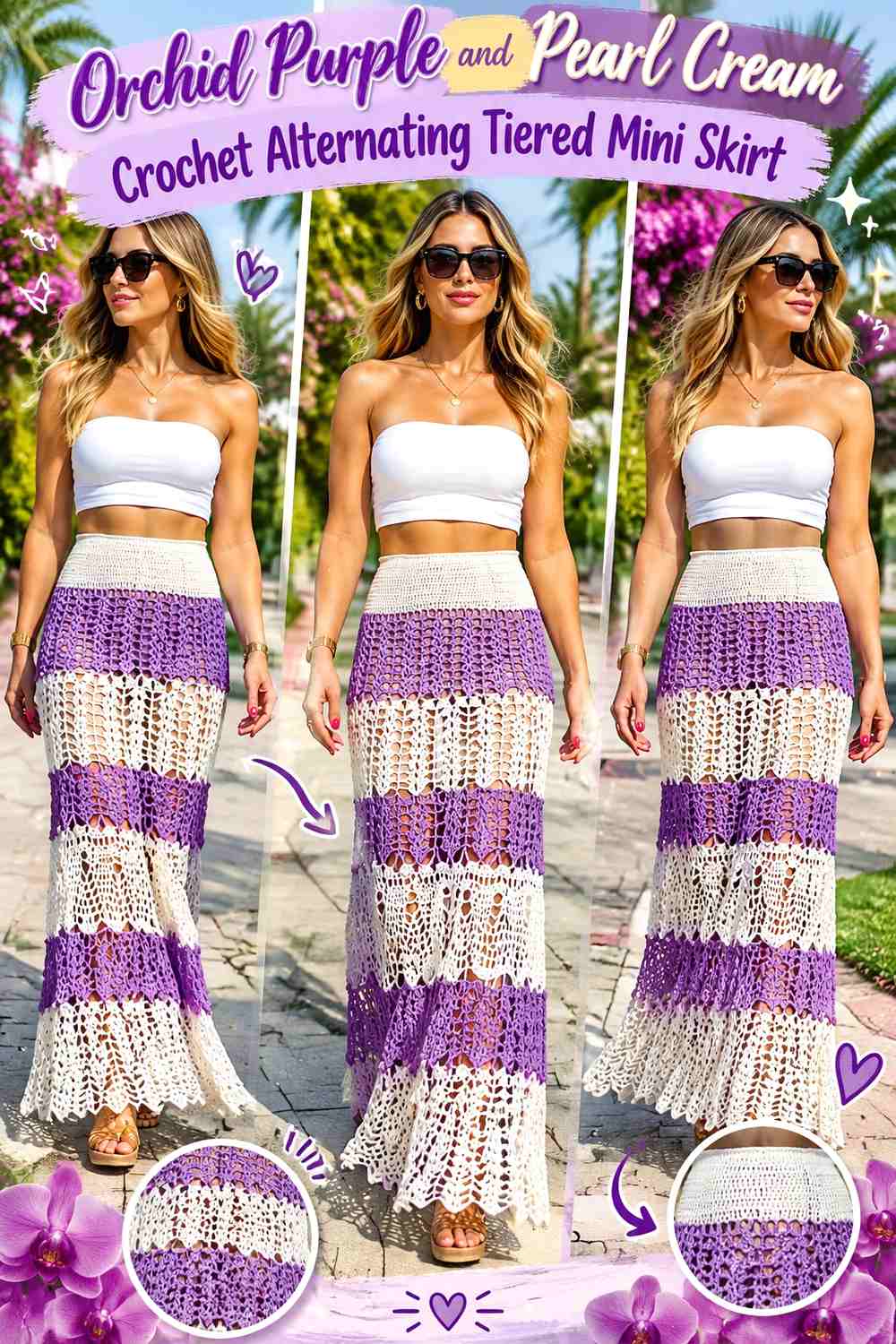 Orchid Purple and Pearl Cream Crochet Alternating Tiered Mini Skirt