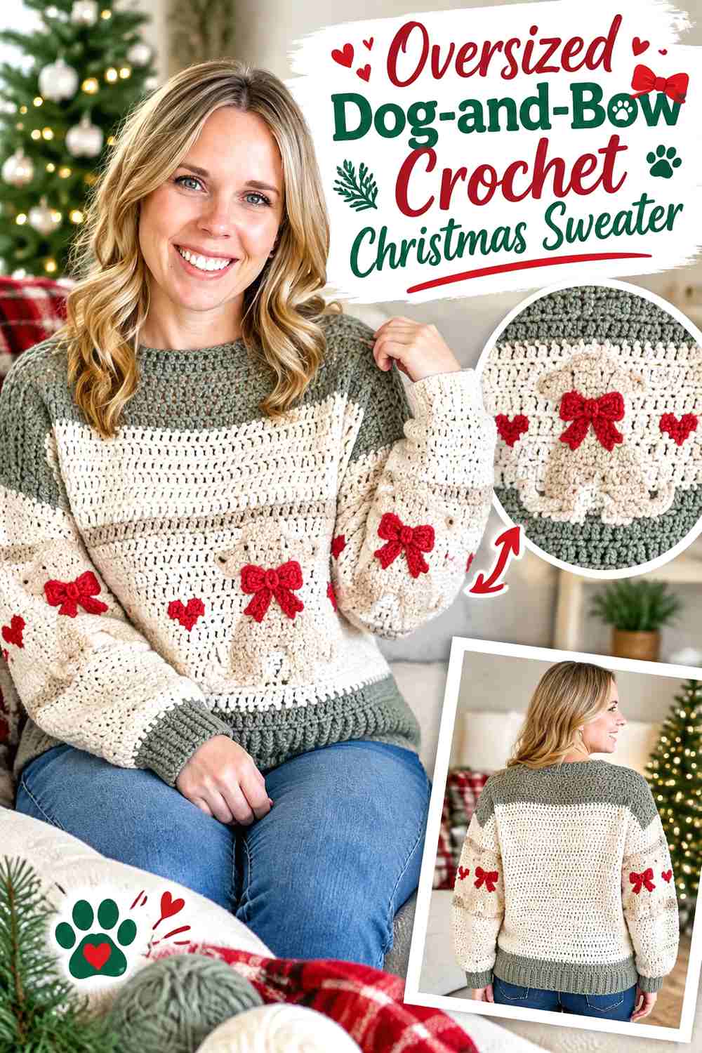 Oversized Dog-and-Bow Crochet Christmas Sweater
