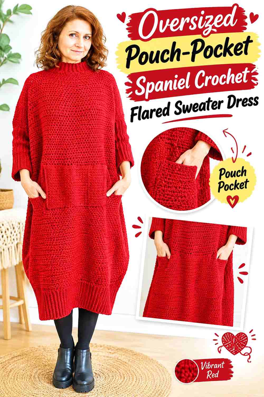 Oversized Pouch-Pocket Spaniel Crochet Flared Sweater Dress