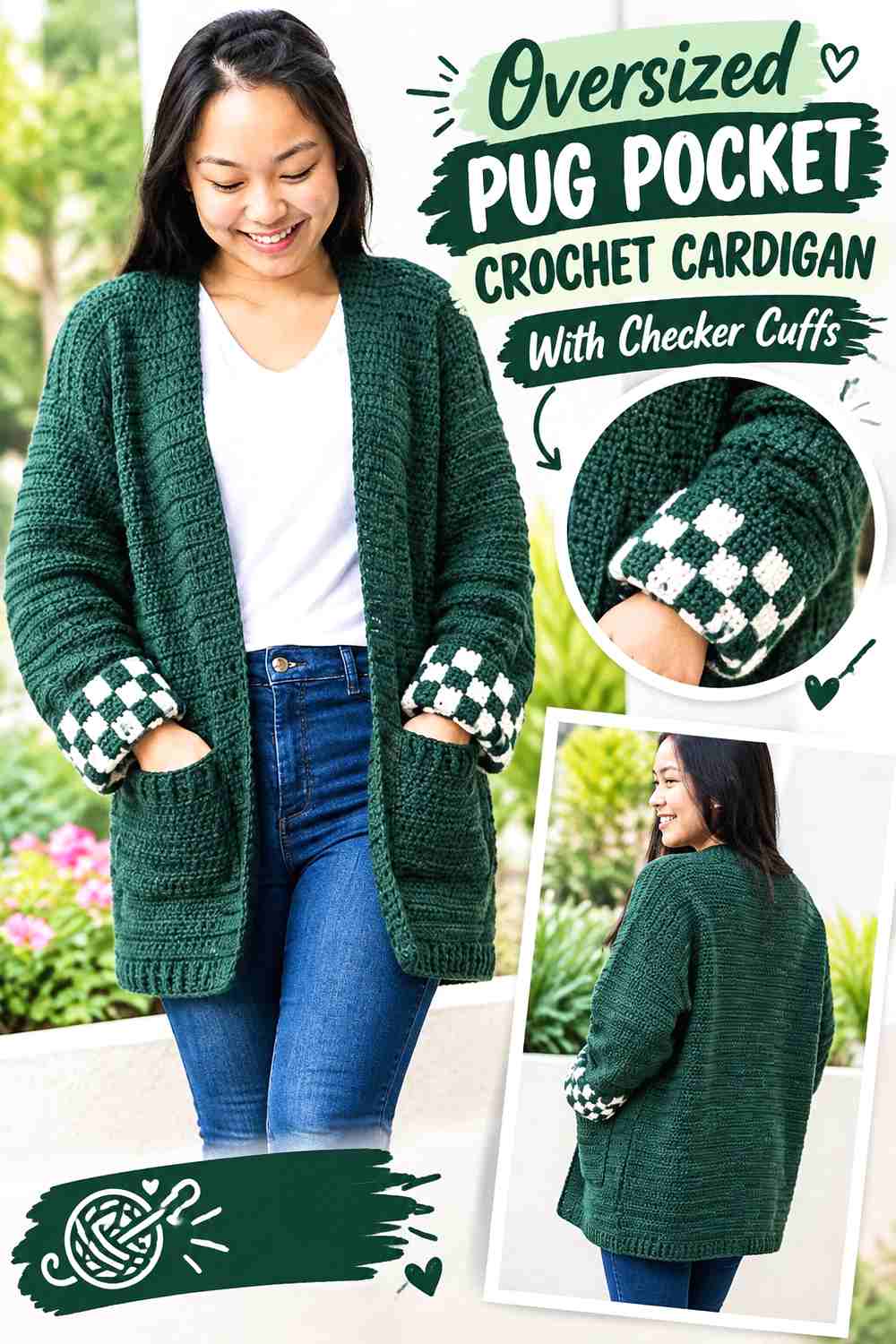 Oversized Pug Pocket Crochet Cardigan With Checker Cuffs