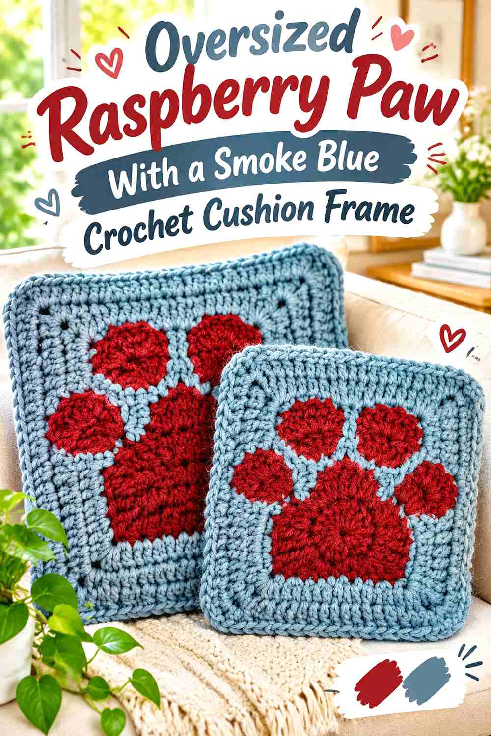 Oversized Raspberry Paw With a Smoke Blue Crochet Cushion Frame