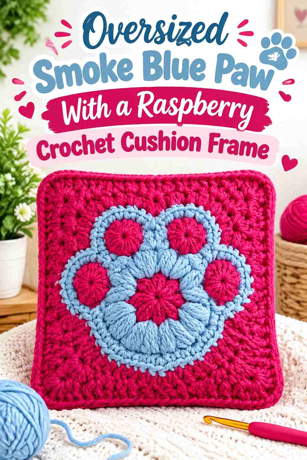 Oversized Smoke Blue Paw With a Raspberry Crochet Cushion Frame