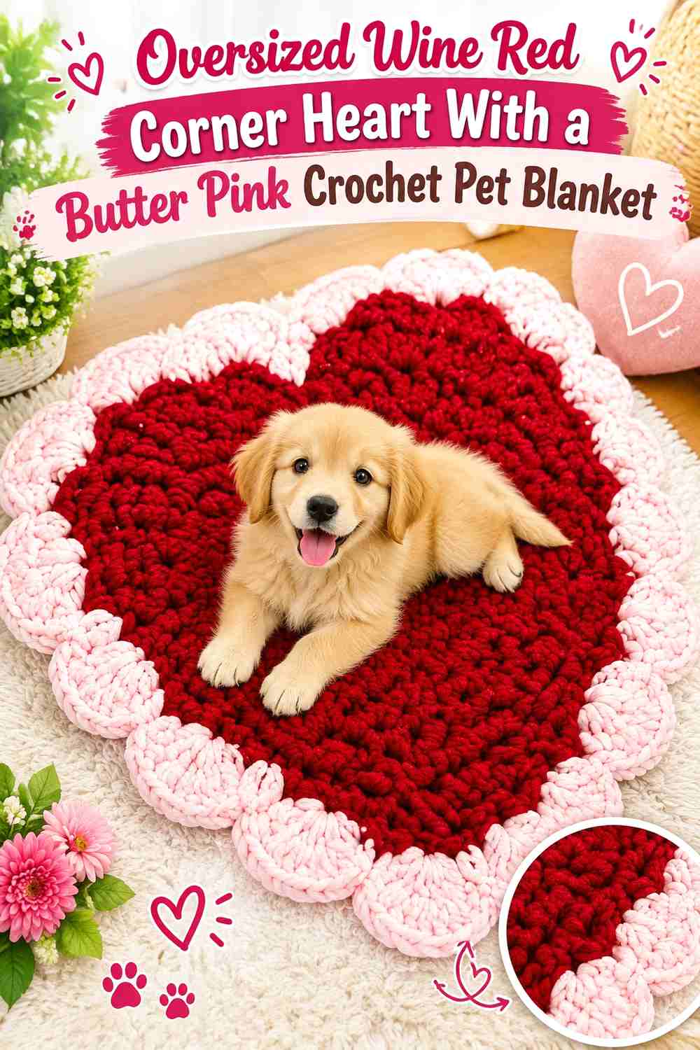 Oversized Wine Red Corner Heart With a Butter Pink Crochet Pet Blanket
