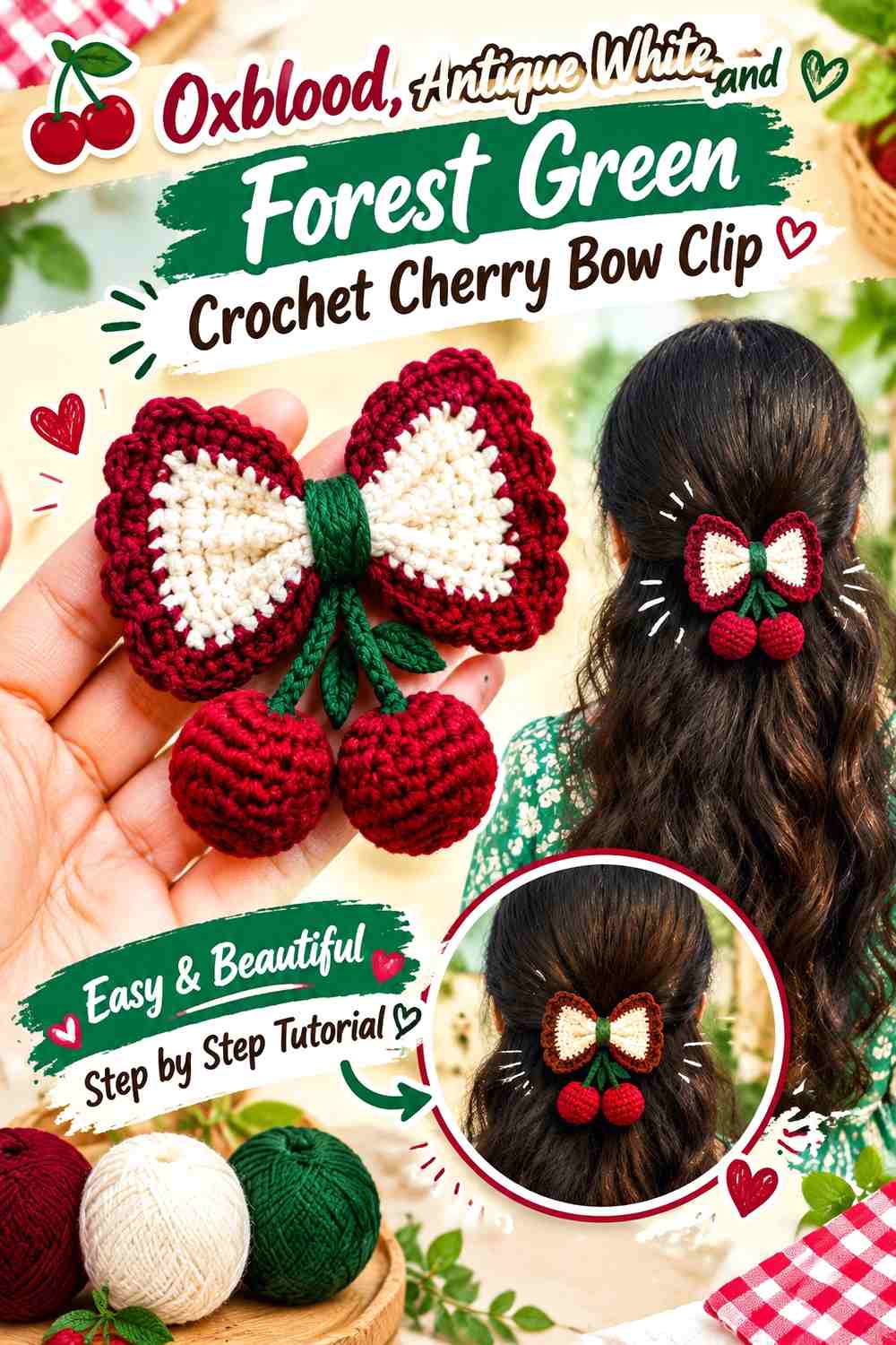 Oxblood, Antique White, and Forest Green Crochet Cherry Bow Clip