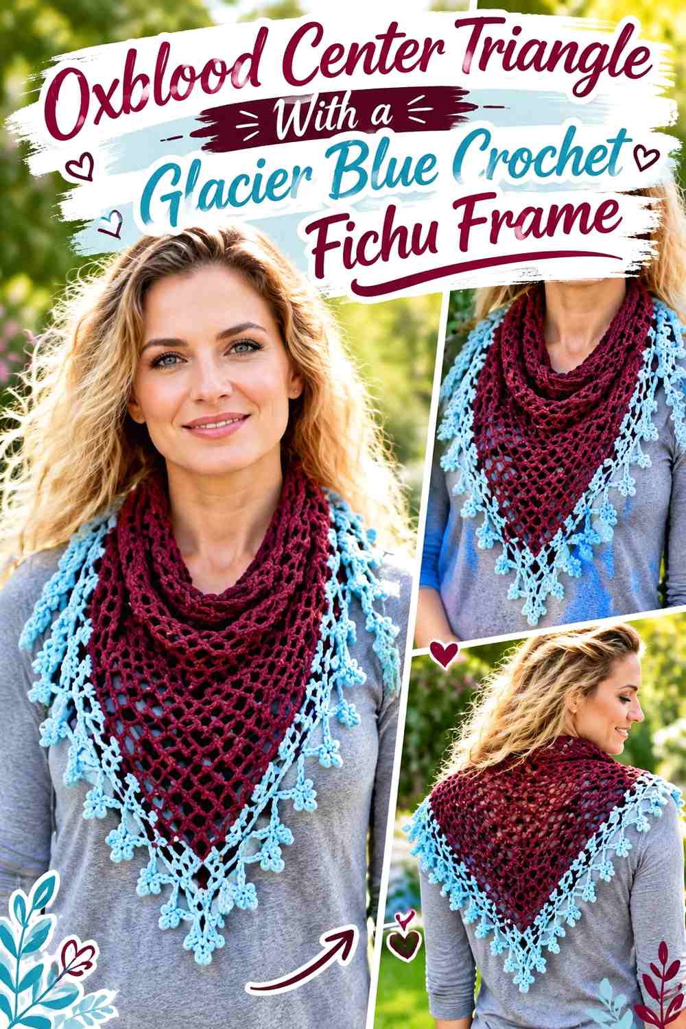 Oxblood Center Triangle With a Glacier Blue Crochet Fichu Frame