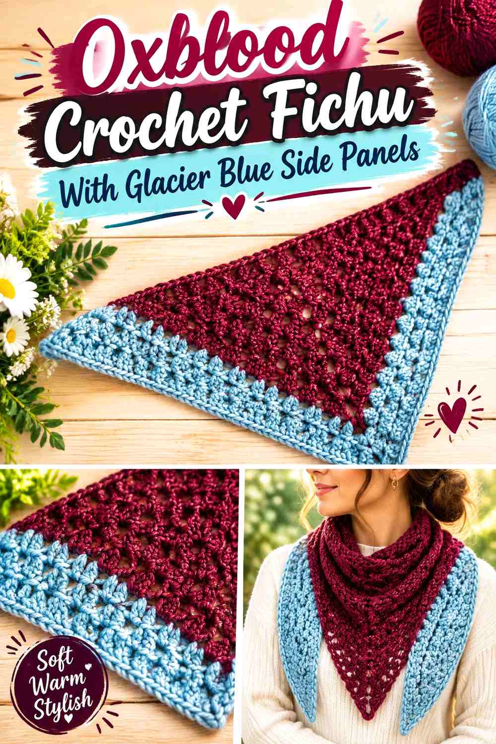 Oxblood Crochet Fichu With Glacier Blue Side Panels