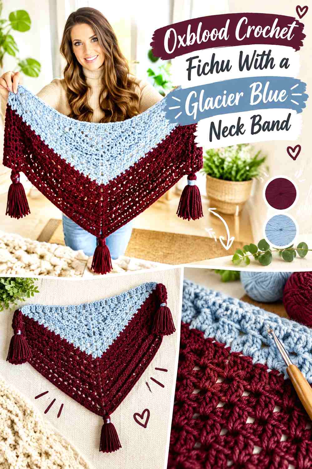 Oxblood Crochet Fichu With a Glacier Blue Neck Band