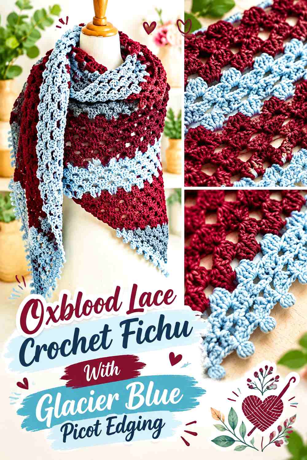 Oxblood Lace Crochet Fichu With Glacier Blue Picot Edging