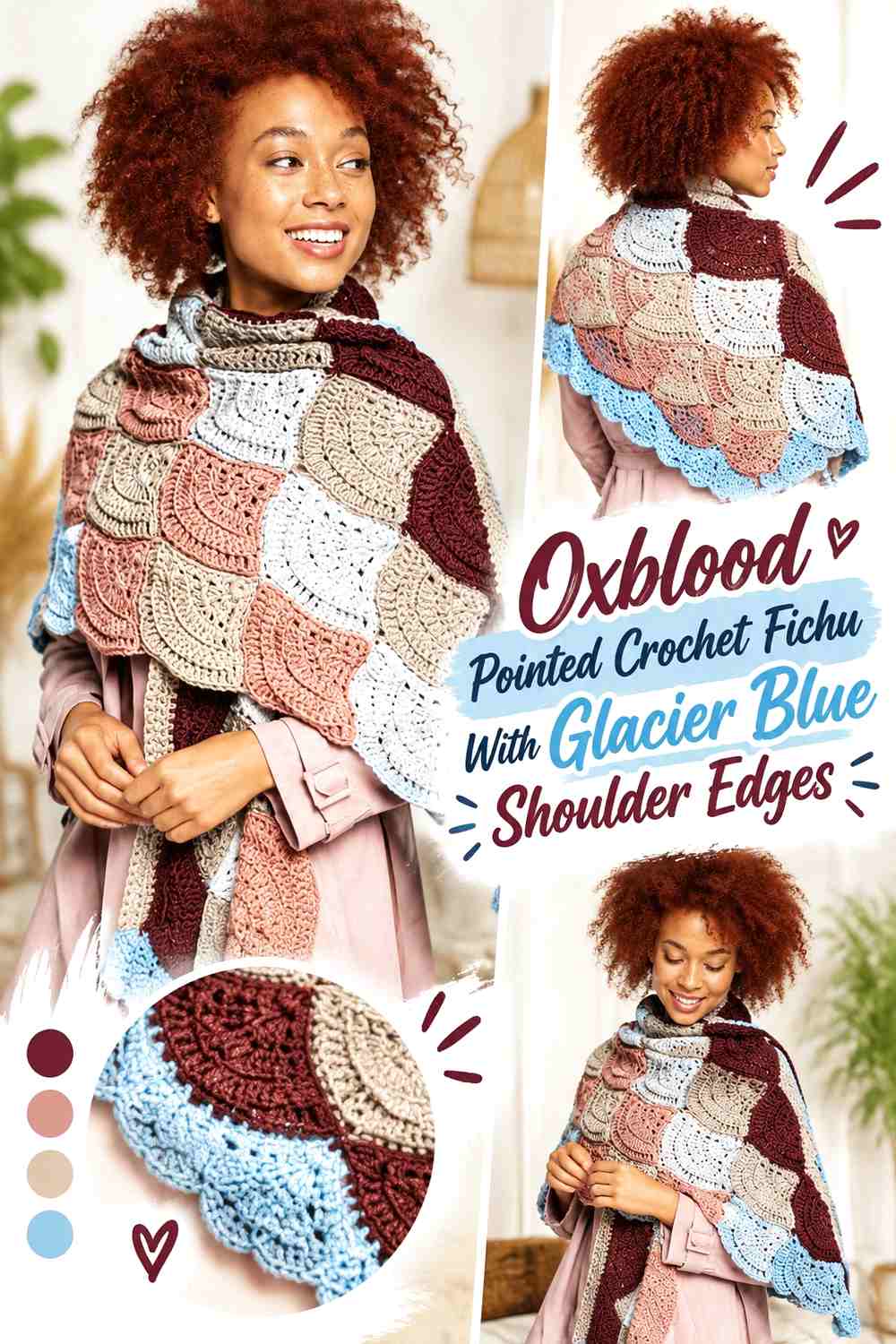 Oxblood Pointed Crochet Fichu With Glacier Blue Shoulder Edges