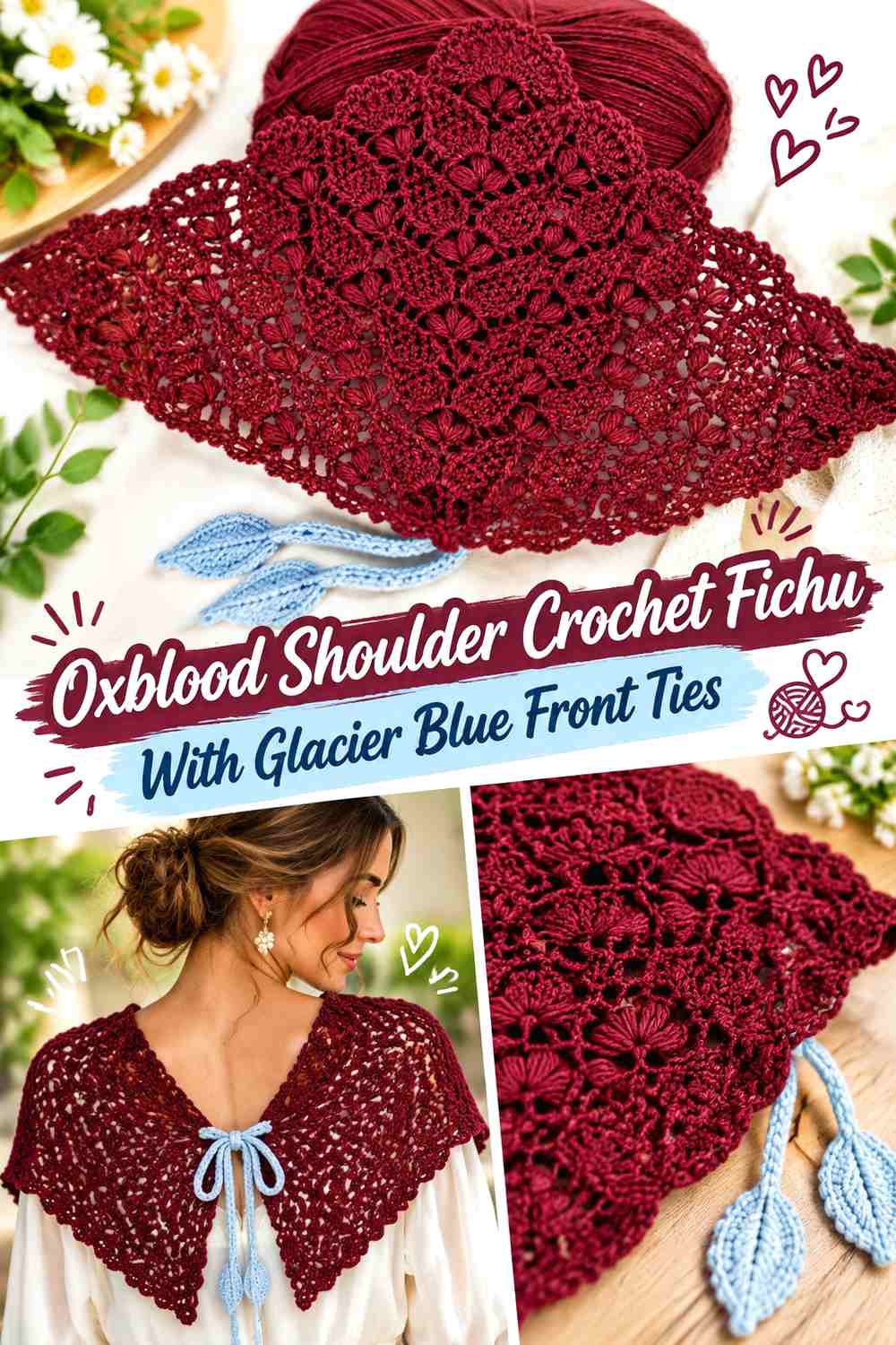 Oxblood Shoulder Crochet Fichu With Glacier Blue Front Ties