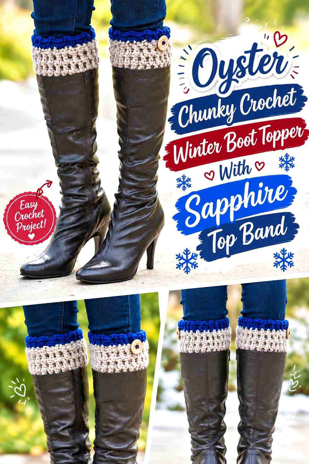 5. Oyster Chunky Crochet Winter Boot Topper With Sapphire Top Band