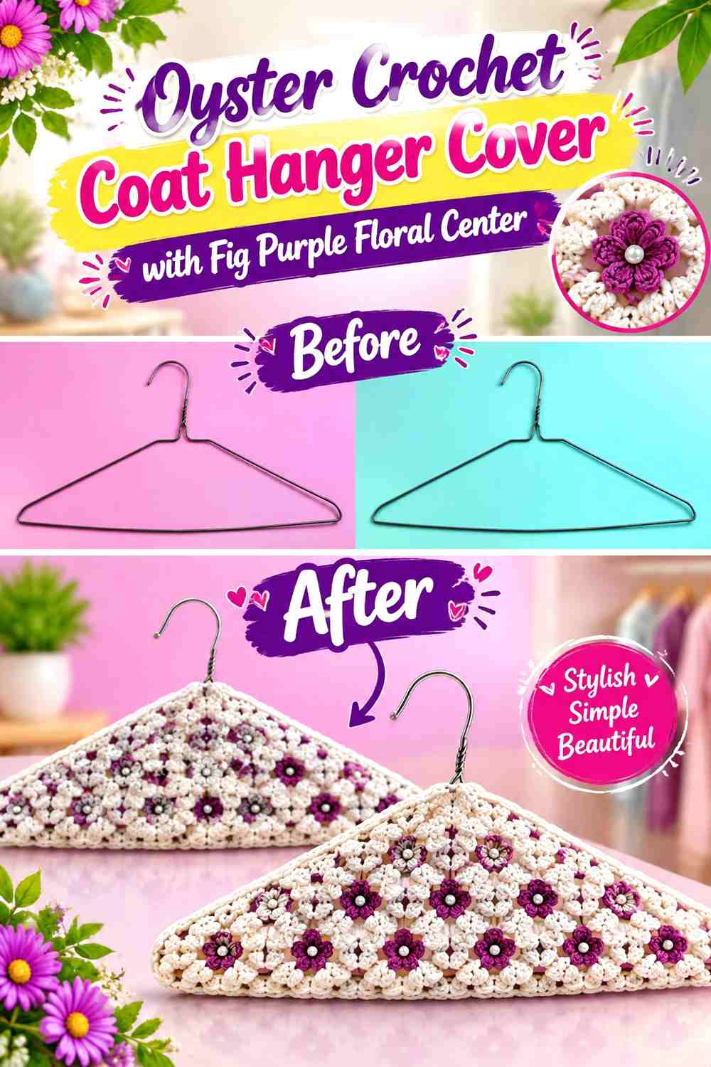 Oyster Crochet Coat Hanger Cover with Fig Purple Floral Center