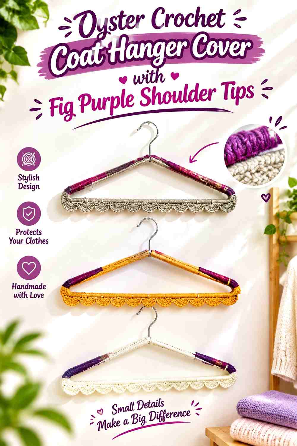 Oyster Crochet Coat Hanger Cover with Fig Purple Shoulder Tips