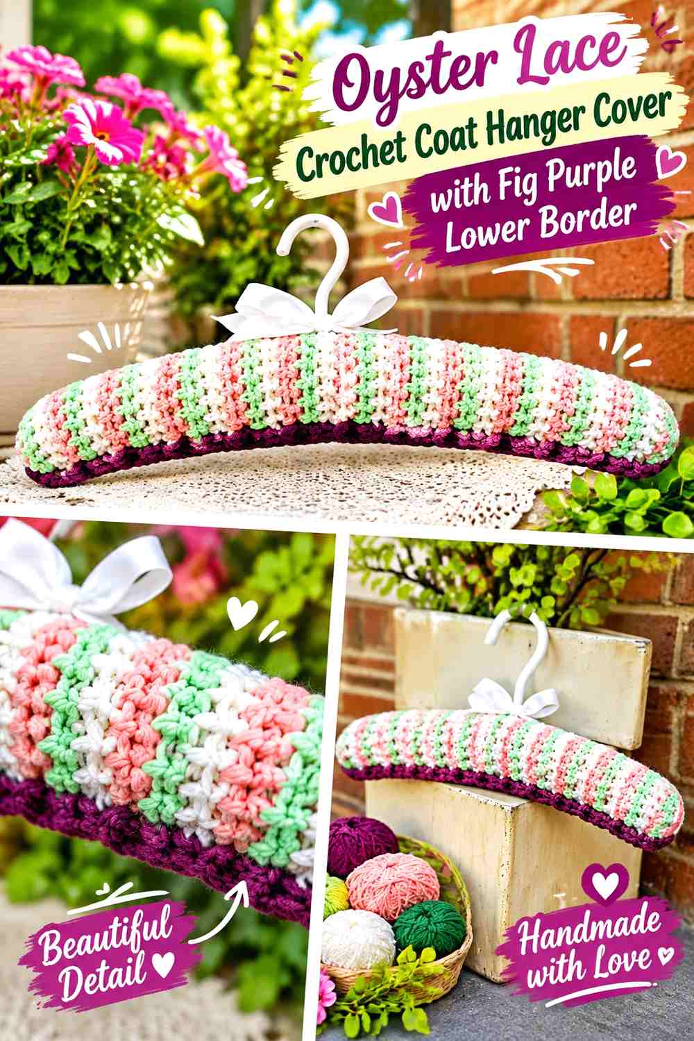 Oyster Lace Crochet Coat Hanger Cover with Fig Purple Lower Border