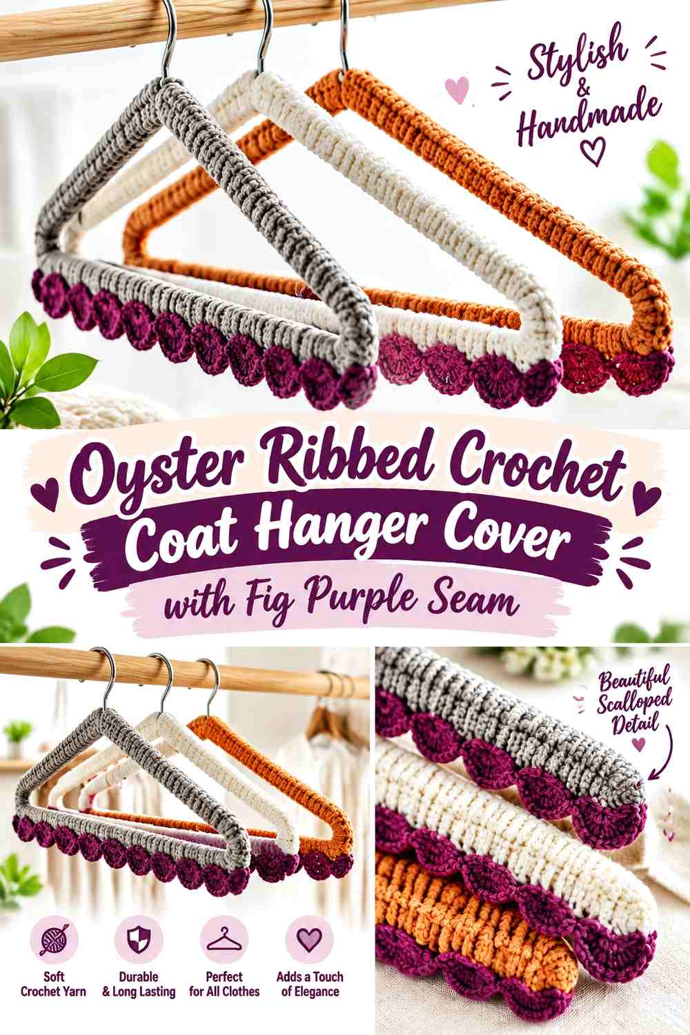 Oyster Ribbed Crochet Coat Hanger Cover with Fig Purple Seam