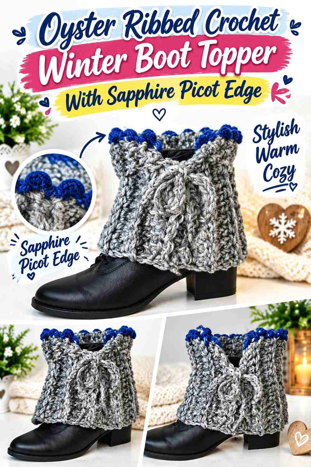 11. Oyster Ribbed Crochet Winter Boot Topper With Sapphire Picot Edge