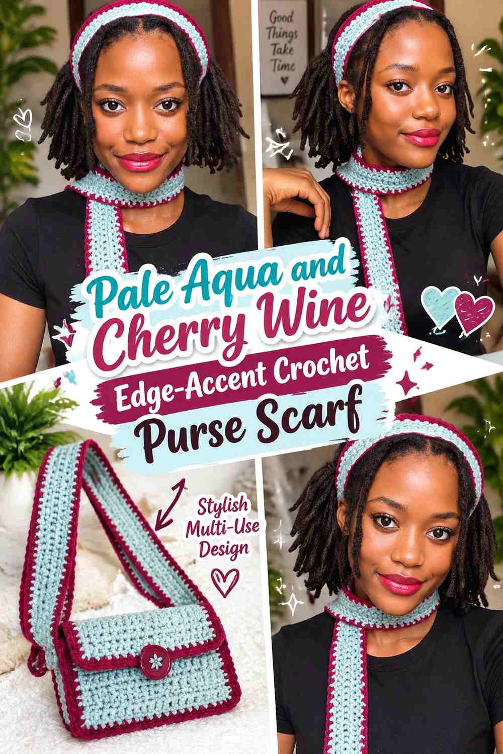 Pale Aqua and Cherry Wine Edge Accent Crochet Purse Scarf