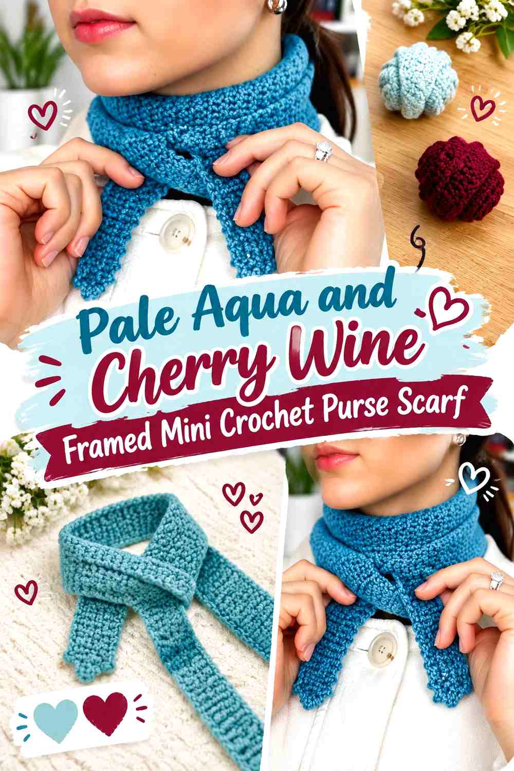 Pale Aqua and Cherry Wine Framed Mini Crochet Purse Scarf