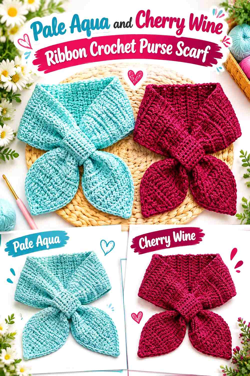 Pale Aqua and Cherry Wine Ribbon Crochet Purse Scarf