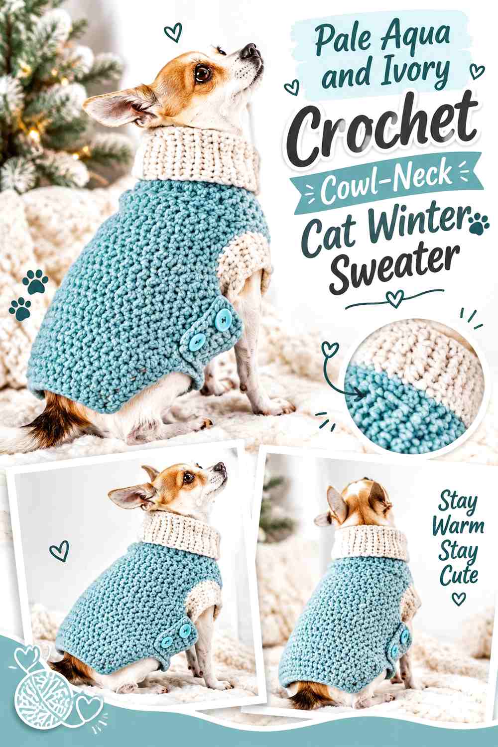 Pale Aqua and Ivory Crochet Cowl-Neck Cat Winter Sweater