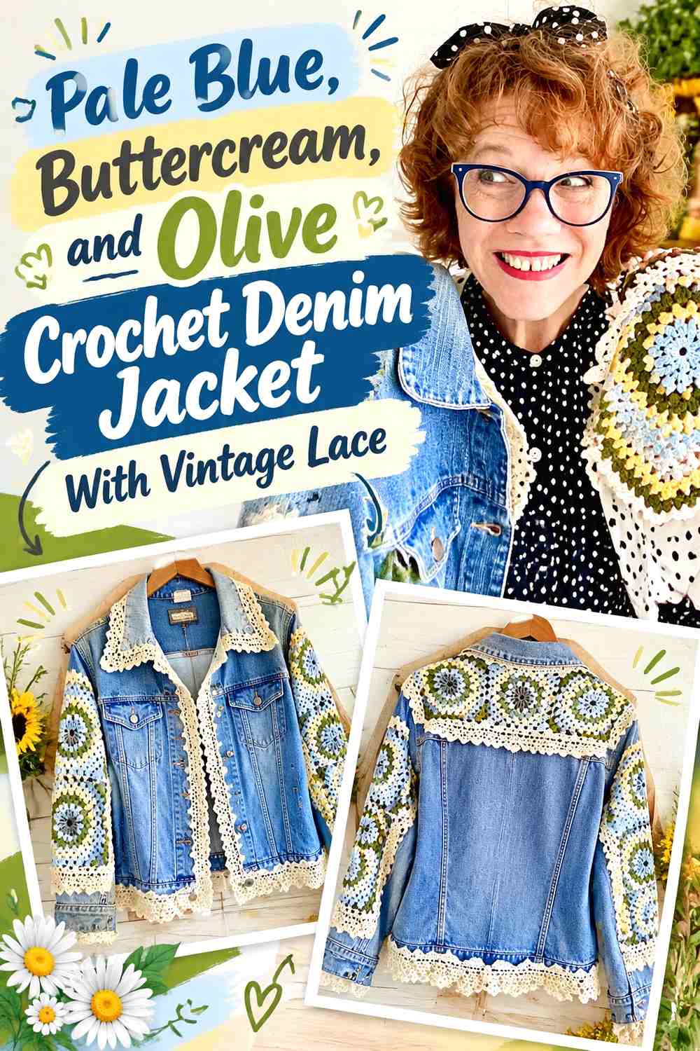 Pale Blue, Buttercream, and Olive Crochet Denim Jacket With Vintage Lace