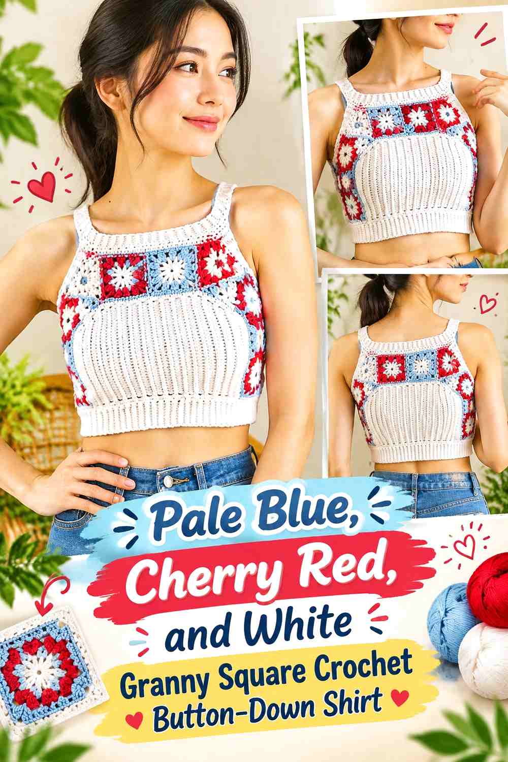 Pale Blue, Cherry Red, and White Granny Square Crochet Button-Down Shirt