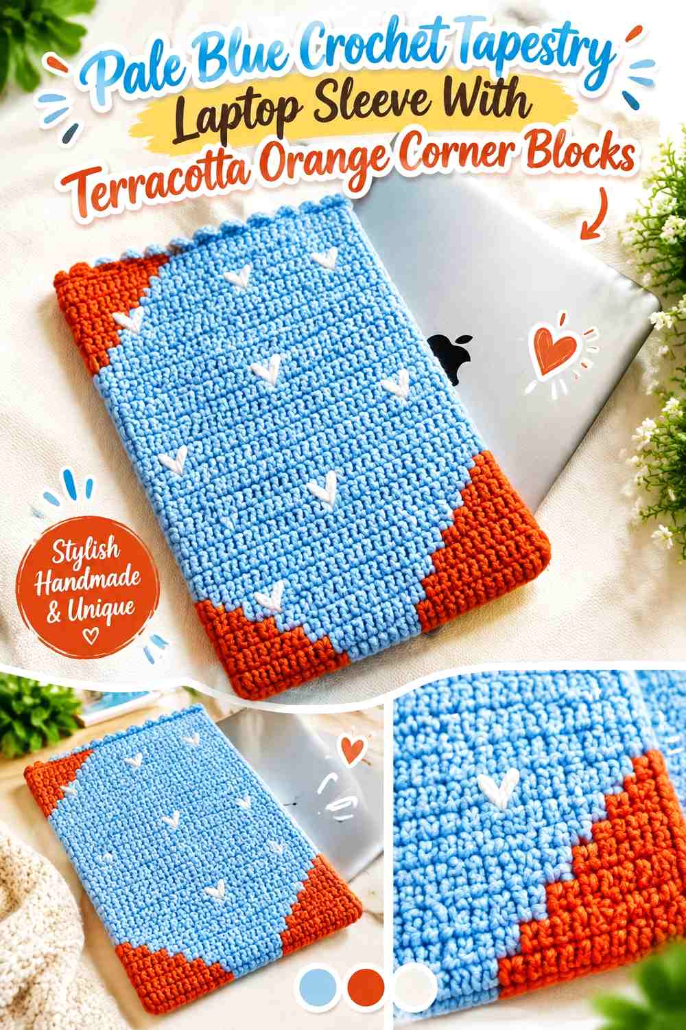 Pale Blue Crochet Tapestry Laptop Sleeve With Terracotta Orange Corner Blocks