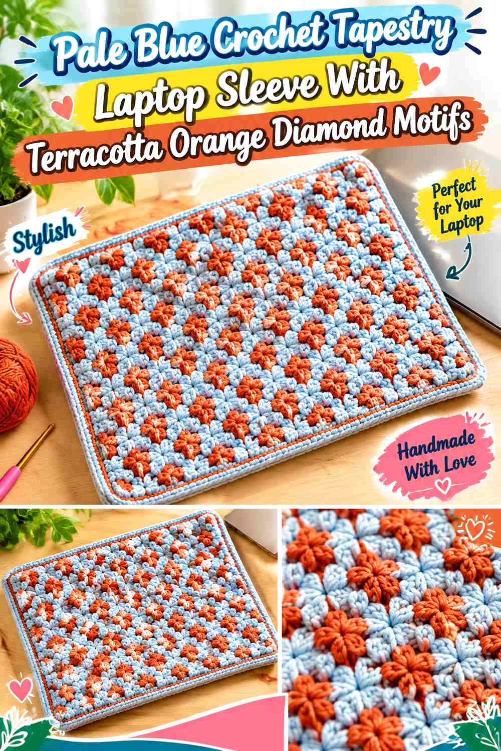 Pale Blue Crochet Tapestry Laptop Sleeve With Terracotta Orange Diamond Motifs