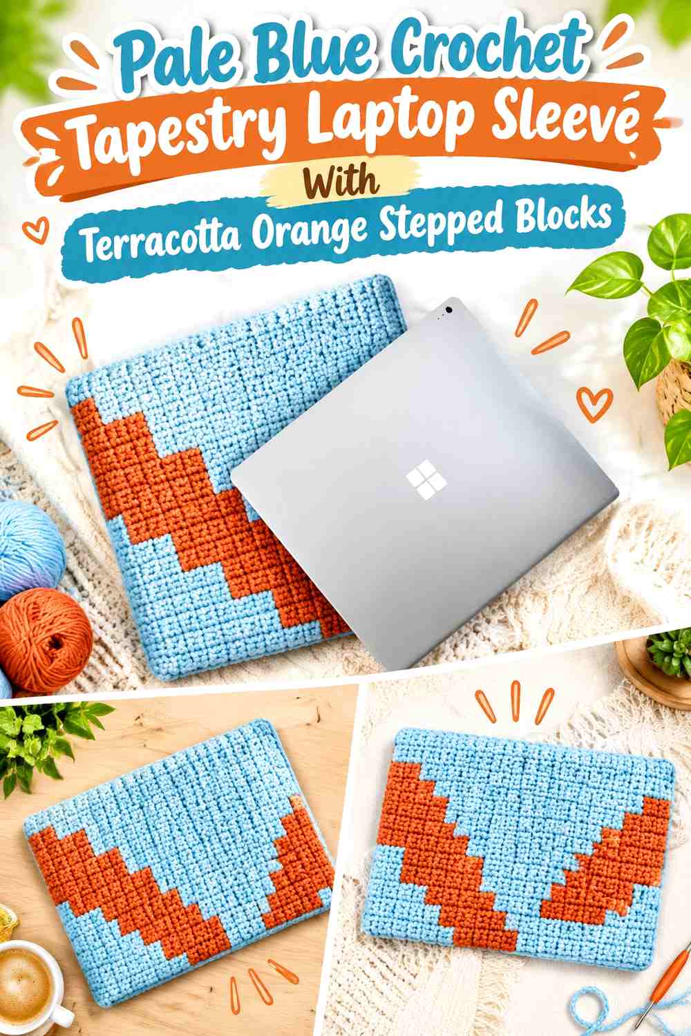 Pale Blue Crochet Tapestry Laptop Sleeve With Terracotta Orange Stepped Blocks