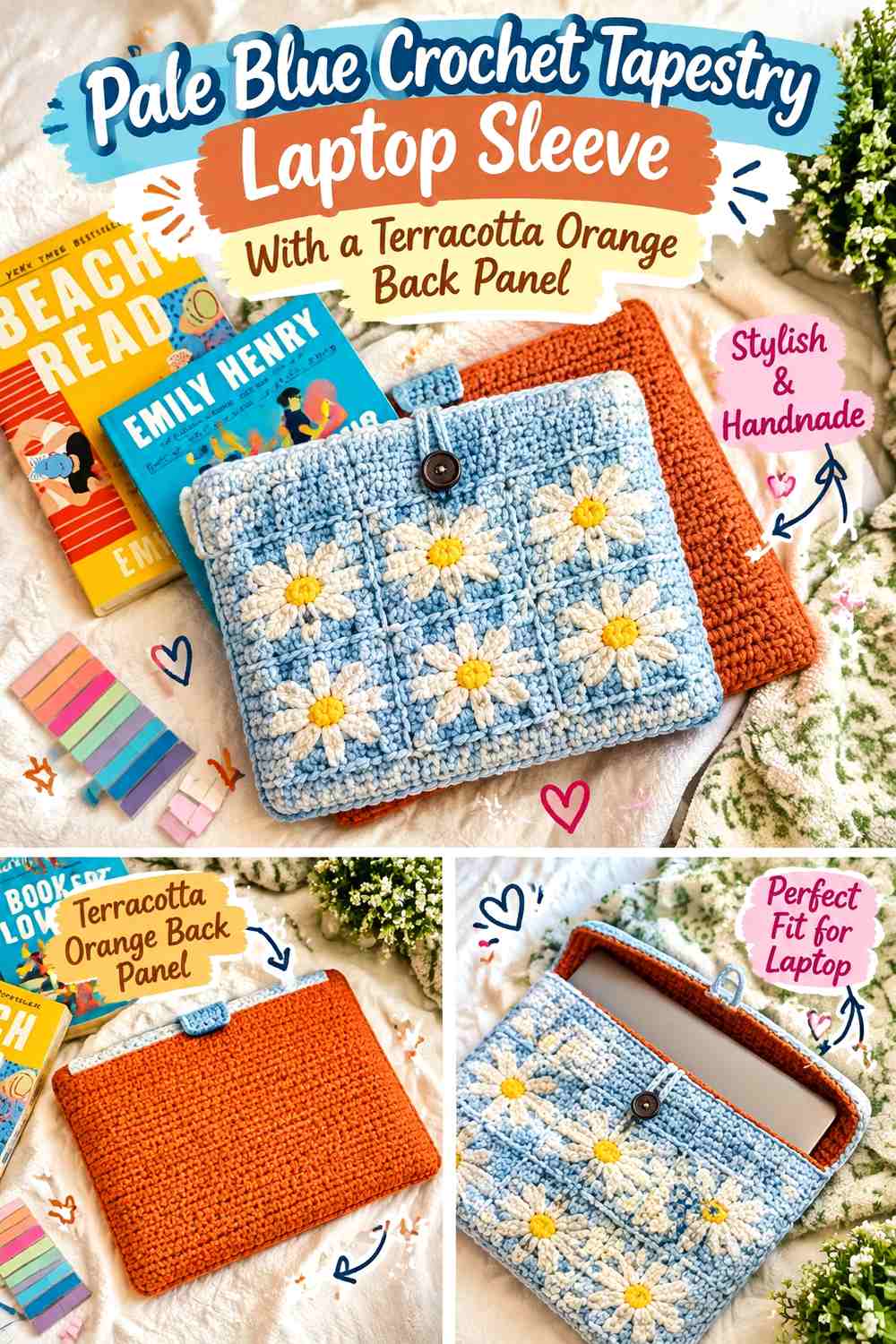 Pale Blue Crochet Tapestry Laptop Sleeve With a Terracotta Orange Back Panel