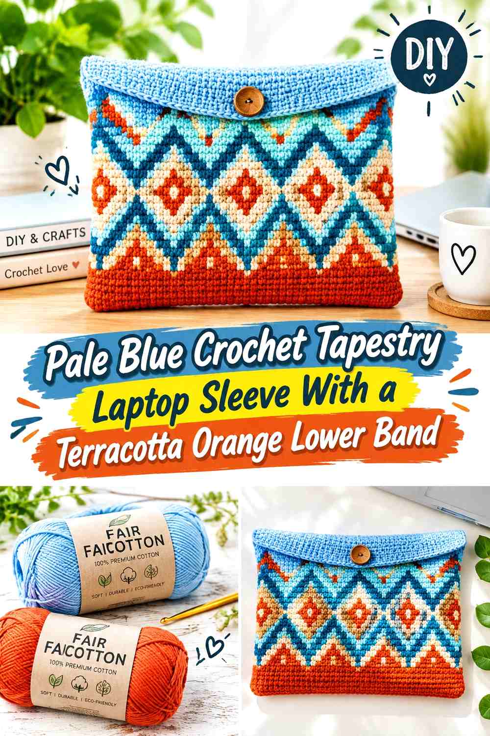Pale Blue Crochet Tapestry Laptop Sleeve With a Terracotta Orange Lower Band