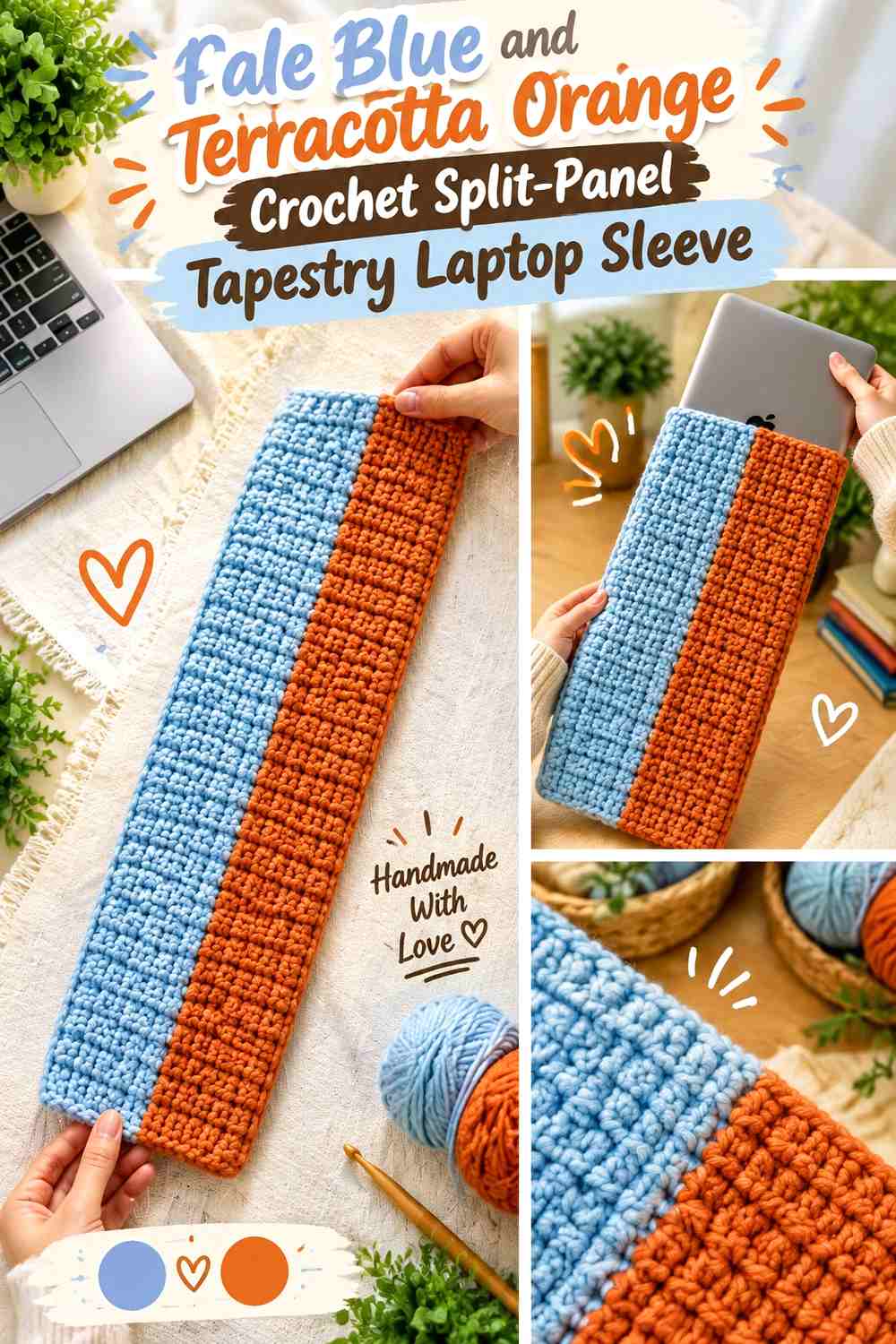 Pale Blue and Terracotta Orange Crochet Split-Panel Tapestry Laptop Sleeve