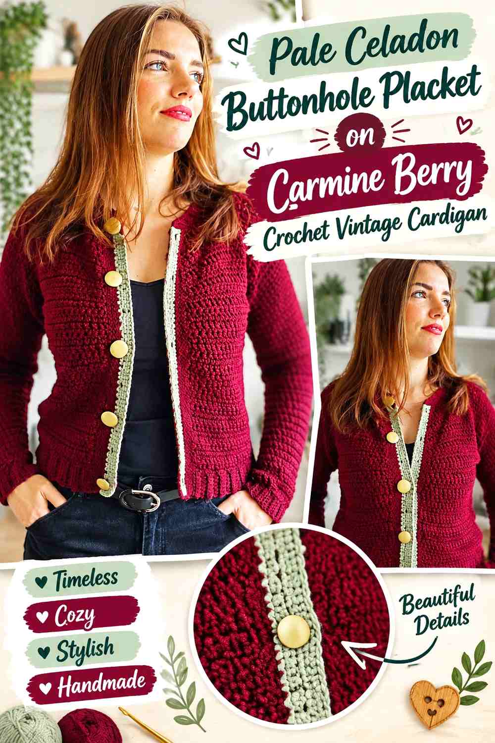 Pale Celadon Buttonhole Placket on Carmine Berry Crochet Vintage Cardigan