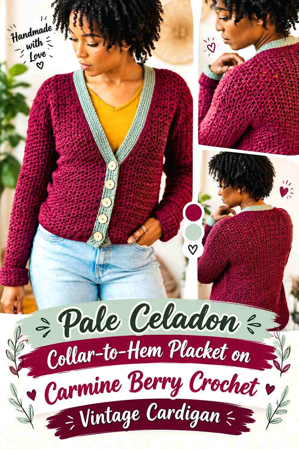 Pale Celadon Collar-to-Hem Placket on Carmine Berry Crochet Vintage Cardigan