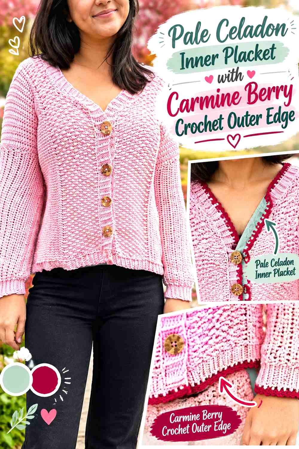 Pale Celadon Inner Placket with Carmine Berry Crochet Outer Edge